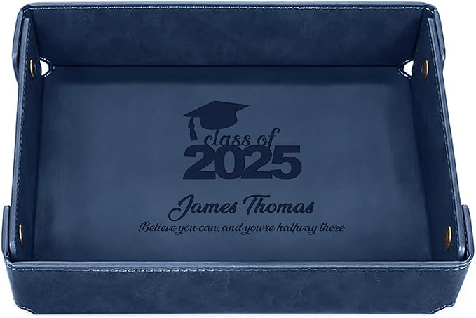 Engraved PU Leather Valet Tray â Personalized Catchall with Custom Name for Desk, Dresser, or Nightstand â Compact Organizer for Keys, Wallet, Jewelry â Graduation Gift for Him or Her â Blue