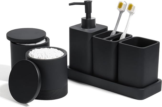 Bathroom Accessories Set, 6 Piece Bathroom Set with Toothbrush Holders, Soap Dispenser, Vanity Tray, Tumbler, Cotton Swab Jars, Bathroom Organizerï¼Bathroom Sink Sets, Matte Black