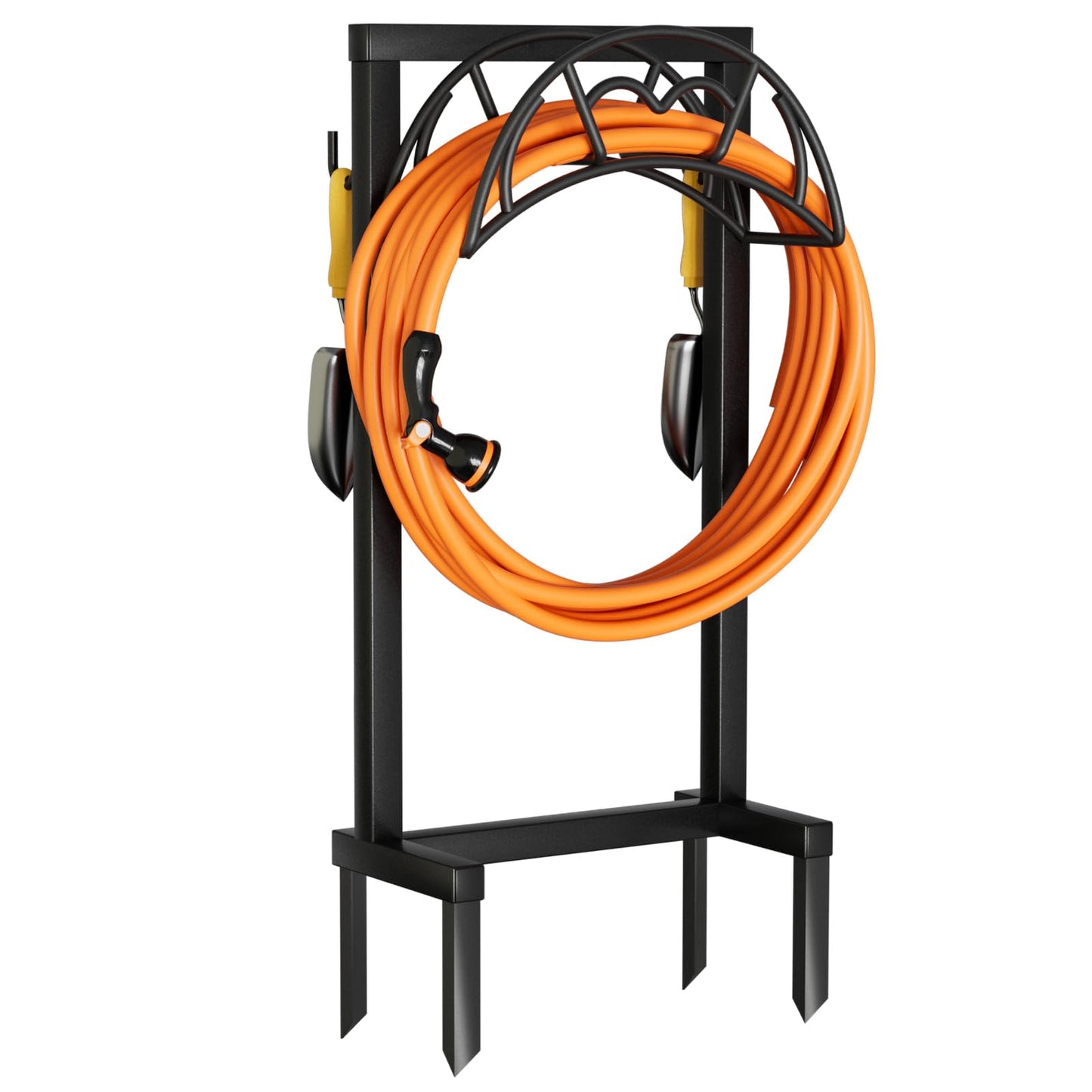 VyGrow Garden Hose Holder, Freestanding Heavy Duty Water Hose Holder for Outside, Upgraded Metal Hose Stand with 4 Spikes, Detachable Garden Hose Storage Hose Reel Rack, Black