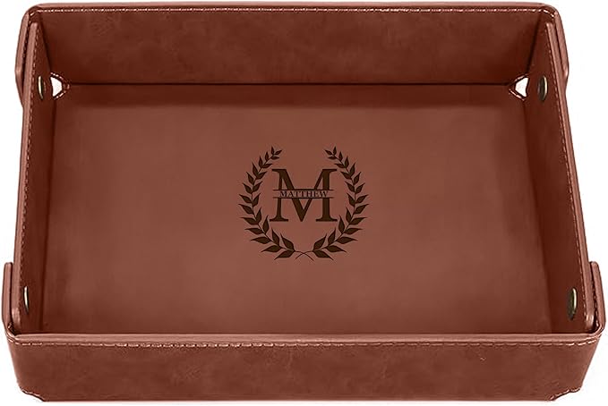Engraved Leather Valet Tray for Men â Personalized Catchall with Custom Name for Desk, Dresser, Nightstand â Men's Organizer Tray for Keys, Wallet, Jewelry, Personalized Gift for Home, Office - Coffee