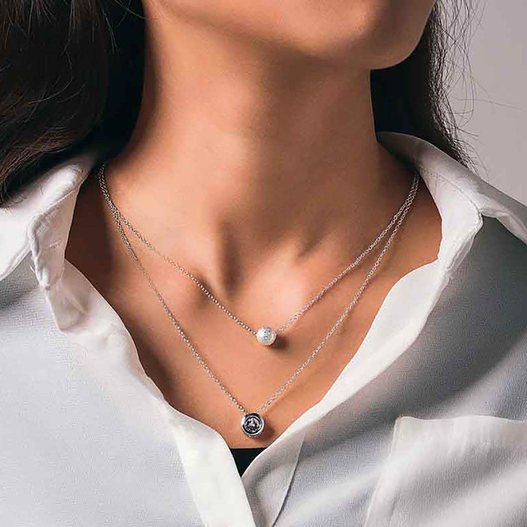 Layered Bead Necklace Chain Round Crystal Pendant Necklaces Jewelry for Women and Girls (Silver)