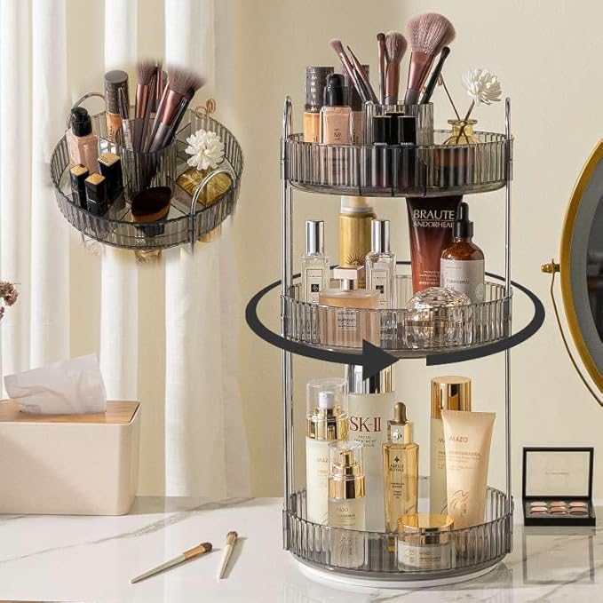 Rotating Makeup Organizer for Vanity, High-Capacity Skincare Clear Make Up Storage Perfume Organizers Cosmetic Dresser Organizer Countertop 360 Spinning (Gray, New-3 Tier)