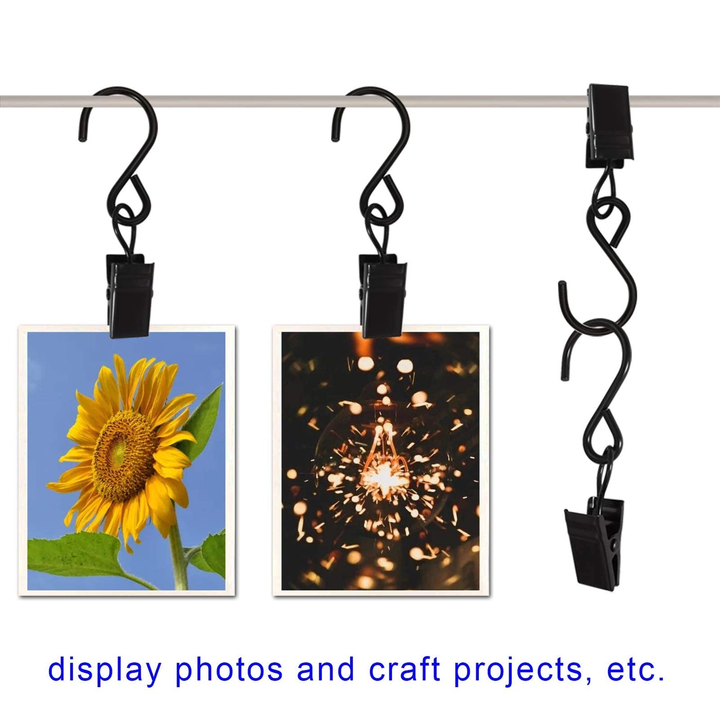 AMZSEVEN Stainless Steel S Hooks Curtain Clips, 50 Pack Hanging Party Lights Clips Hangers Gutter Photo, Art Craft Display, 2.4 Inch Long, Black
