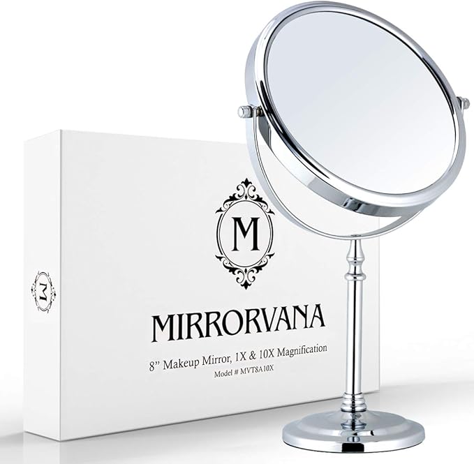 MIRRORVANA Large Double Sided 10X and 1X Magnifying Makeup Mirror with Stand in Gift Box, 15â Tall and 8â Wide