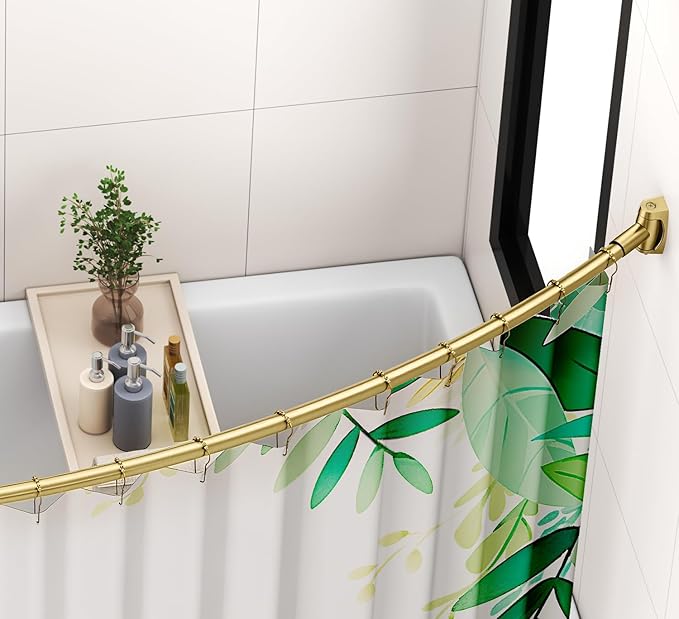 Curved Shower Curtain Rod for Bathroom, 40-72 Inches Adjustable Curved Shower Rod, 0.9MM Aluminum Rustproof Shower Curtain Rod with Rotating Brackets for Extra Shower Space, Need to Drill, Gold