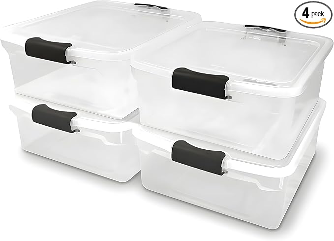 HOMZ 4-Pack 15.5 Quart Latching Lid, Clear Plastic Storage Organizer Bins, Gray â Stackable Containers for Home & Office Shelves, Kitchen, Garage, and Bathroom Organization