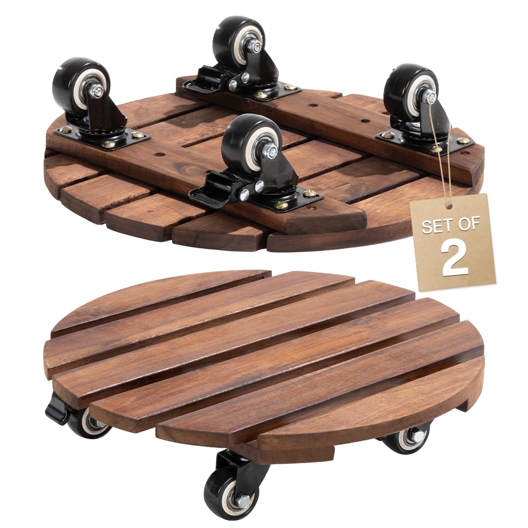 Idzo 2-Pack 14 Inch Acacia Wood Plant Caddy with Wheels â Heavy-Duty Plant Dolly with 264 Lbs Capacity, 360° Lockable Wheels for Large Plant Pots, Heavy Objects, Ideal for Indoor and Outdoor Use