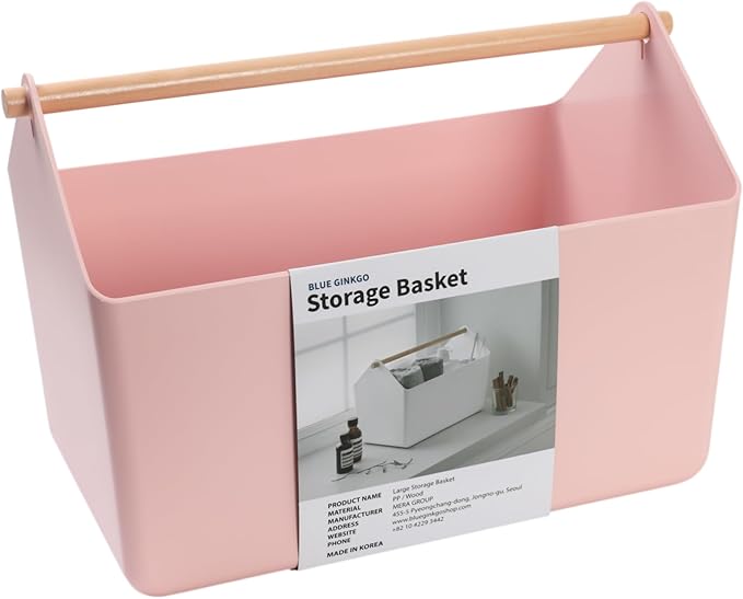 BLUE GINKGO Large Storage Basket â Plastic Caddy with Wooden Handle for Bathroom, Pantry, or Cleaning Supplies (Pink)