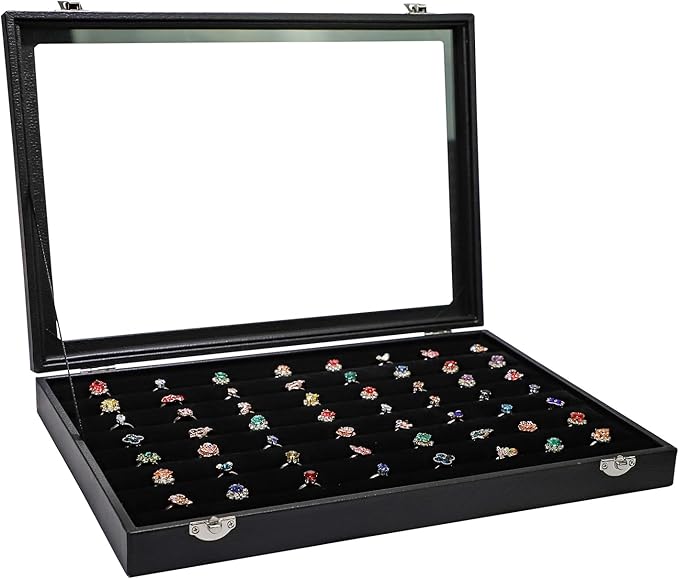Wudygirl 7 Slots Ring Holder Organizer Box with Transparent Lid Black Jewelry Organizer for Store Display Jewelry Holder for Ringsï¼Ring Organizerï¼