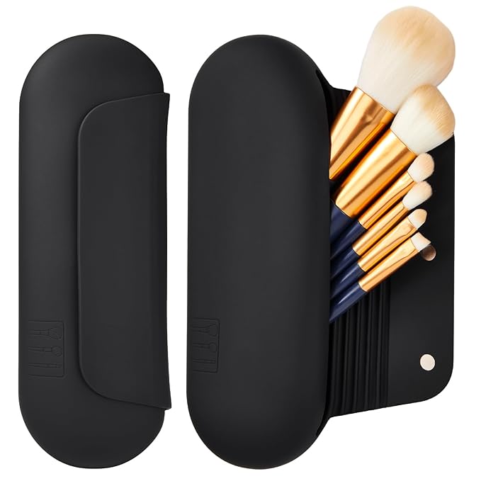 AGIKET Silicone Makeup Brush Holder Travel Cosmetic Bag:Soft Portable Cosmetic Face Brushes Holder with Upgrade Anti-Fall Out Magnetic Closure, Large Travel Makeup Brush Case - Black