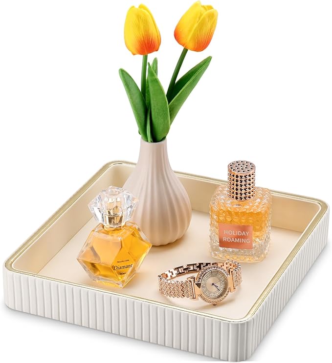 GORESE Square Nightstand Tray Perfume Organizer, Leather Decorative Tray, Purse Bowl Catch All Trays for Trinket Keys, Valet Jewelry Trays for Vanity, Gift for Women & Men, Cream White(9.3'' Ã 9.3'')