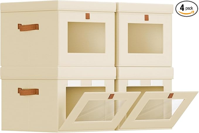 Storage Bins with Lid â Closet Organizer with Side Opening and Clear Window, Foldable Stackable Fabric Basket for Clothes, Home, Office - 13.77" x 11.8" x 9.8", 4 Pack, Beige