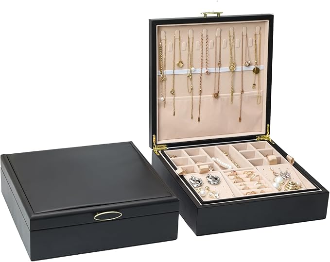 2-layer jewelry boxï¼Jewelry Organizer with Handleï¼with hanging necklace hooks, detachable jewelry trays, suitable for storing a large amount of jewelry gift box (Large-Black)
