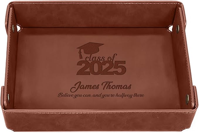 Personalized Light Coffee PU Leather Valet Tray â Custom Engraved Catchall for Desk, Dresser, or Nightstand â Compact Organizer for Keys, Wallet, Jewelry â Unique Gift for Him or Her