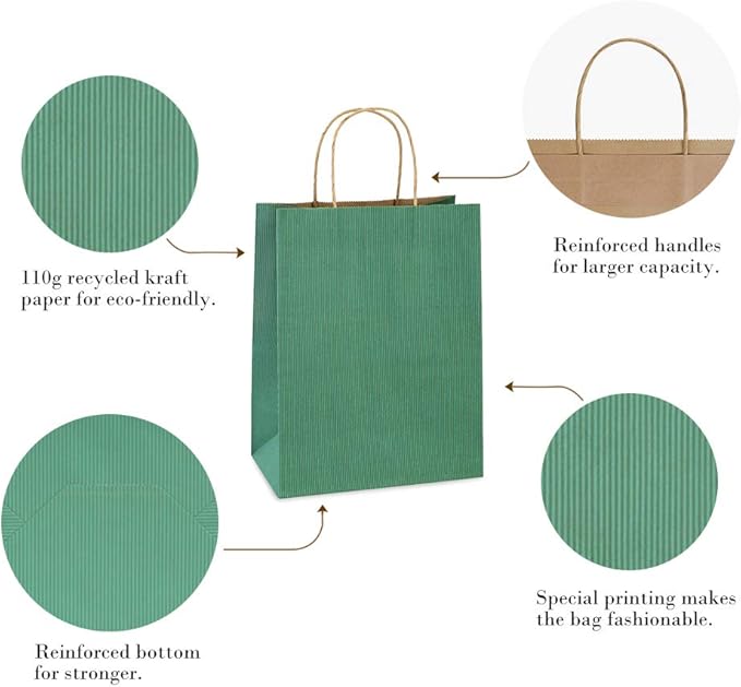 BagDream Gift Bags 8x4.25x10.5 Inches 100Pcs Kraft Paper Bags with Handles Bulk Medium, Green Stripe, 100% Recycled, Retail Merchandise Grocery Paper Sacks