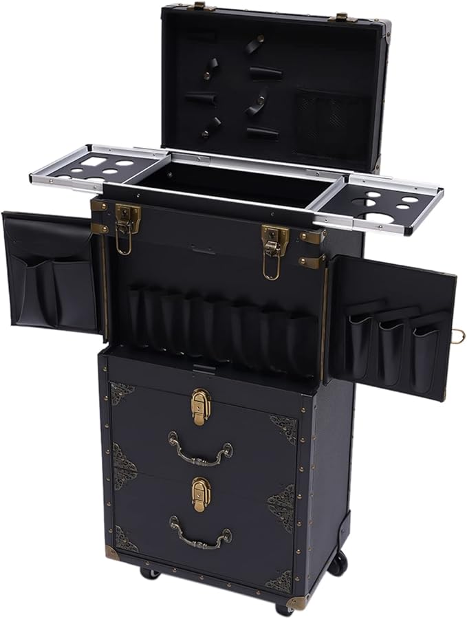 Rolling Makeup Train Case, Hairdressing Trolley Stylist Beauty Salon Cosmetic Luggage, Travel Organizer Tool Box with Hair Dryer Holder, Lockable Travel Makeup Trolley (Style 4)