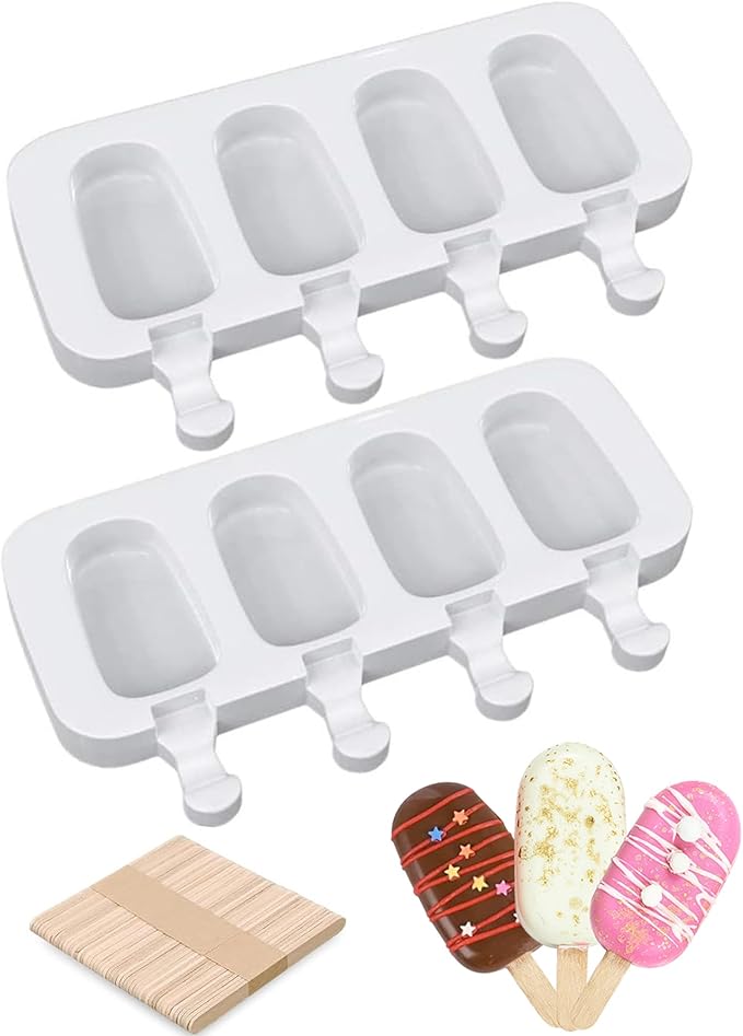 Ouddy Life Popsicle Molds Set of 2, Ice Pop Molds Silicone 4 Cavities Ice Cream Oval Cake Pop Mold with 50 Wooden Sticks for DIY Popsicle, Clear