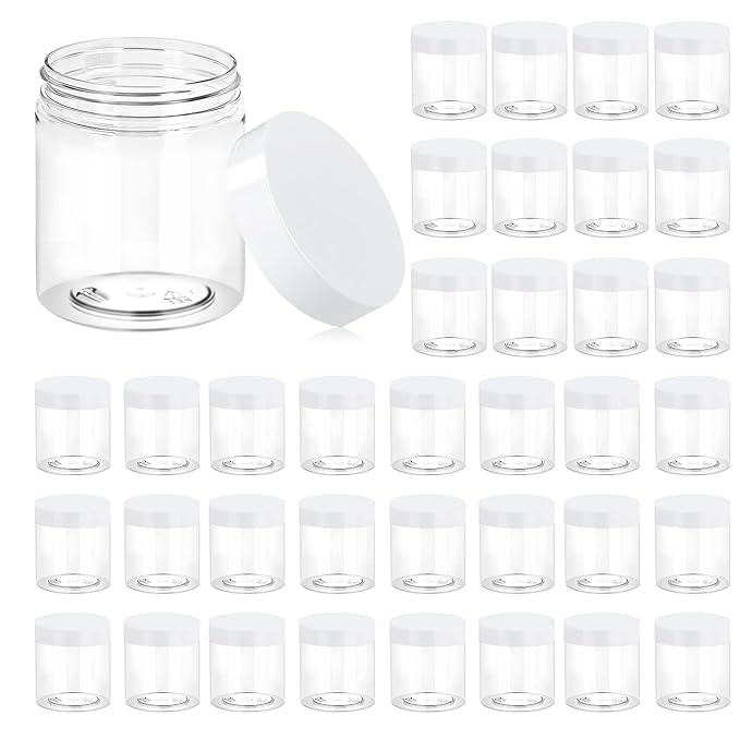 Eternal Moment 36 Pack 8 OZ Plastic Jars Round Clear Cosmetic Container Jars with White Lids, Perfect for Lotion, Slimeï¼Cream, Ointments, Makeup, Eye Shadow, Samples, Pot, Travel Storage 