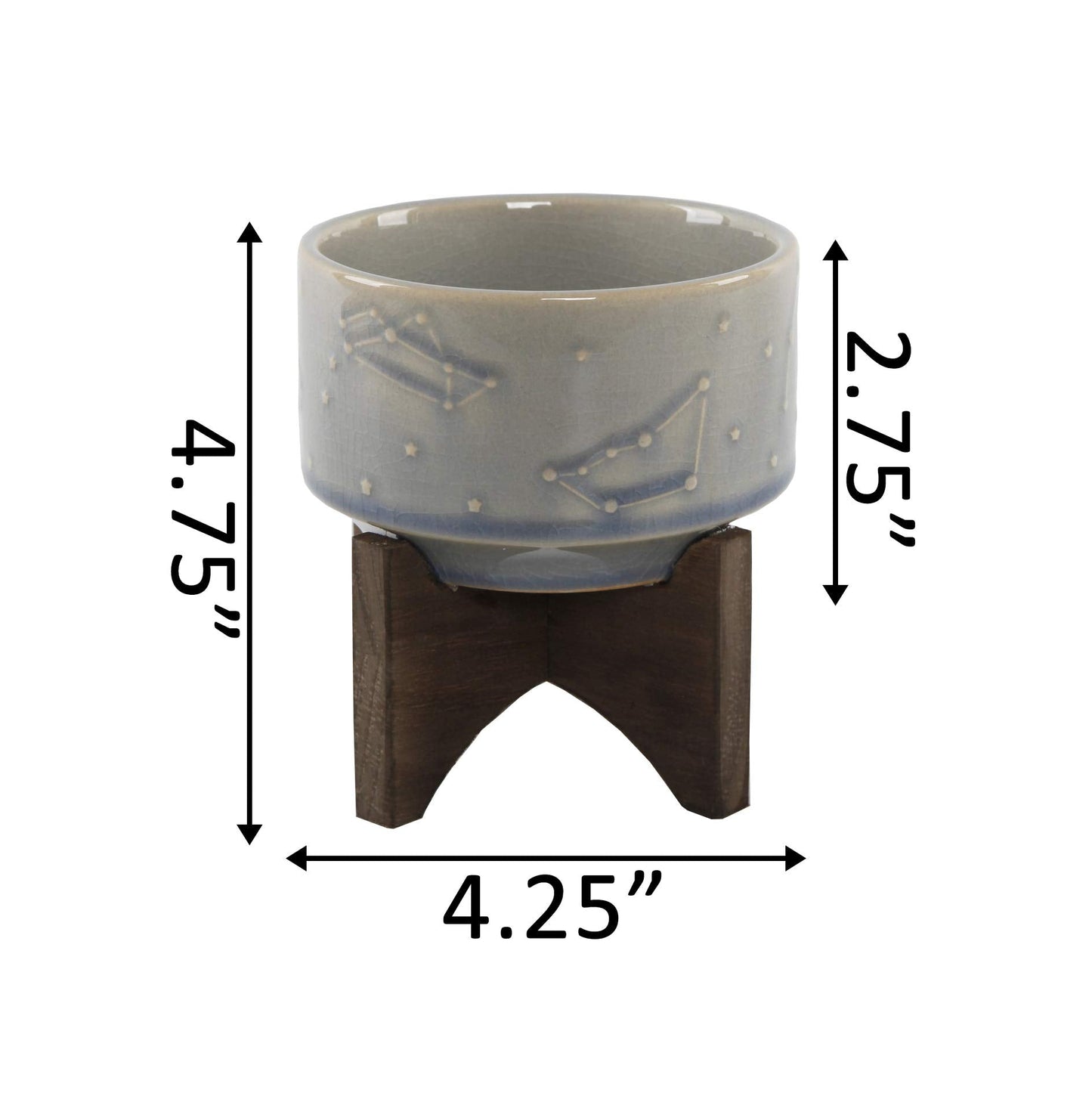 Flora Bunda 4 Inch Constellation Ceramic Pot on Wood Stand Mid Century,Glass Blue 4""