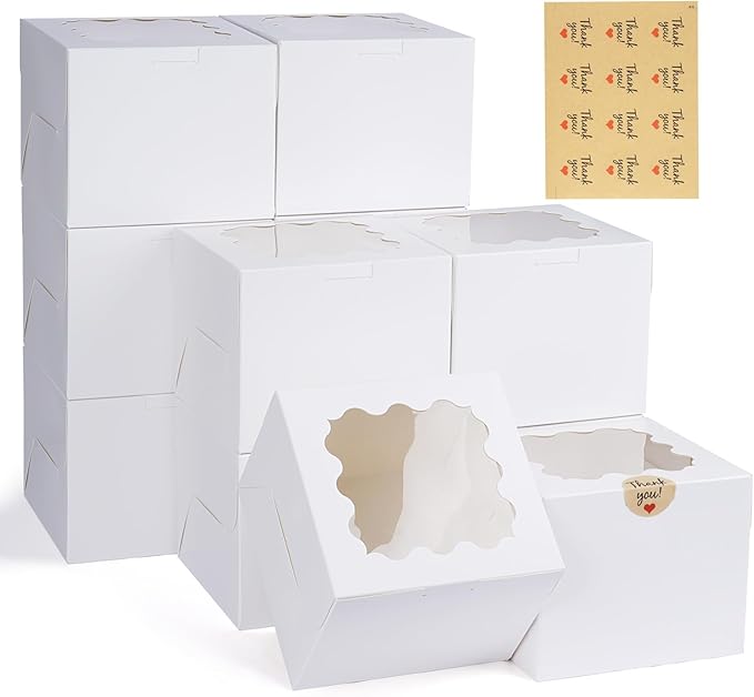 WINKIO 12 Pieces Cookie Boxes with Window, 6Ã6Ã5 Inches White Treat Boxes for Bakery Dessert Pastry Mini Cake Favor Donut Baked Goods (with Stickers)