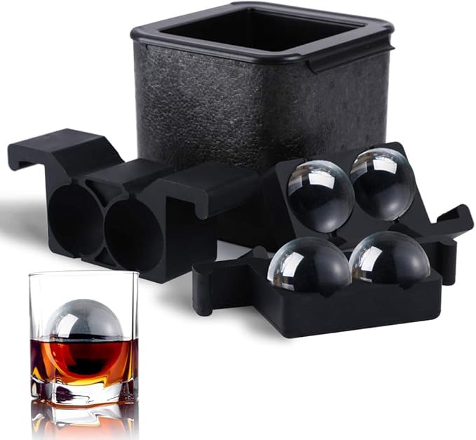 TINANA Crystal Clear Ice Ball Maker, 4 Cavity Large Clear Ice Balls Form, 2.5â Round Ice Sphere Trays for Whiskey, Cocktail, Brandy, Bourbon