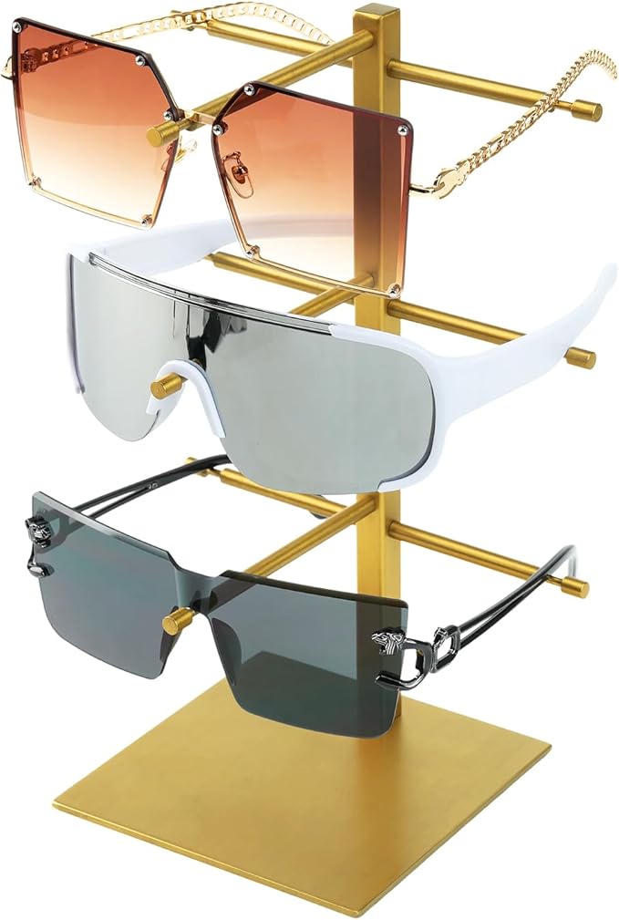 3-Tier Sunglass Display Stand,Sunglasses Organizerï¼Titanium Brushed Eyeglass Holder Standï¼Gold Sunglasses Rack for homes, offices, boutique shopsï¼PATENT PENDING