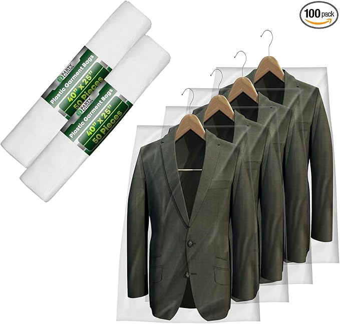 PARTY BARGAINS 40 x 25 Inch Disposable Clear Garment Bags, 100 Pack â Heavy-Duty Plastic Clothes Covers for Suits Dresses Coats, Closet & Travel