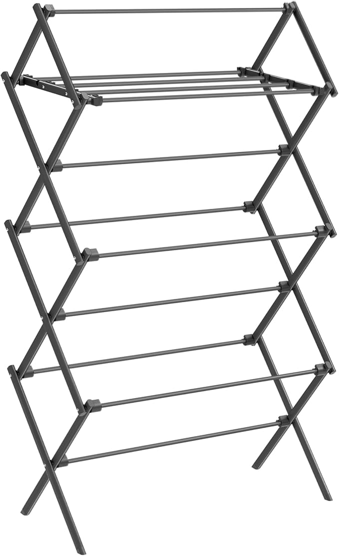 SONGMICS Foldable Clothes Drying Rack, Laundry Drying Rack, Clothes Airer, Steel Frame, 14.6 x 29.5 x 53.2 Inches, Easy Assembly, Indoor Outdoor Use, Black ULLR770B01