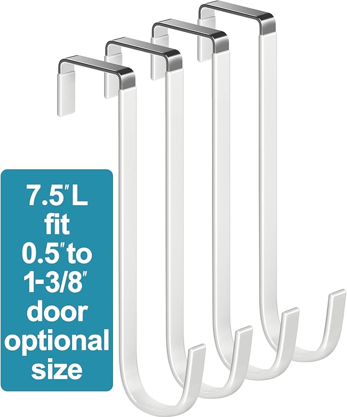 Mars-Rock Over The Door Metal Hooks with Plastic Coating 7.5" Fit 0.5" to 1 3/8" Door 4 Pcs Heavy Duty Single Towel Robe Rack Wreath Bathroom Shower Hanger Shoe Organizer Ironing Board Long White