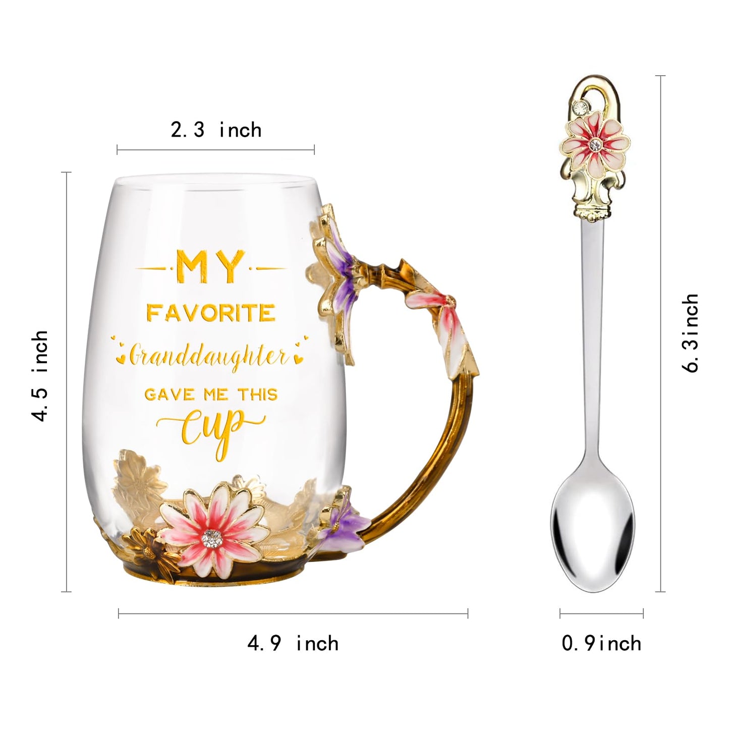 OEAGO Grandma Gifts from Granddaughter Tea Cup Birthday Grandparent Gifts Mothers Day Enamel Flower Glass Mugs from Grandkids Grandchildren