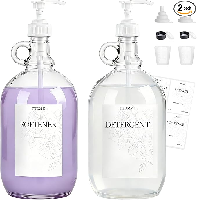 2 Pcs Glass Liquid Laundry Detergent Dispenser, Half Gallon Laundry Soap Dispenser for Laundry Room (64 oz. Each), Laundry Detergent Bottles with Pump Dispenser -Includes Labels, Funnel, Measuring Cup