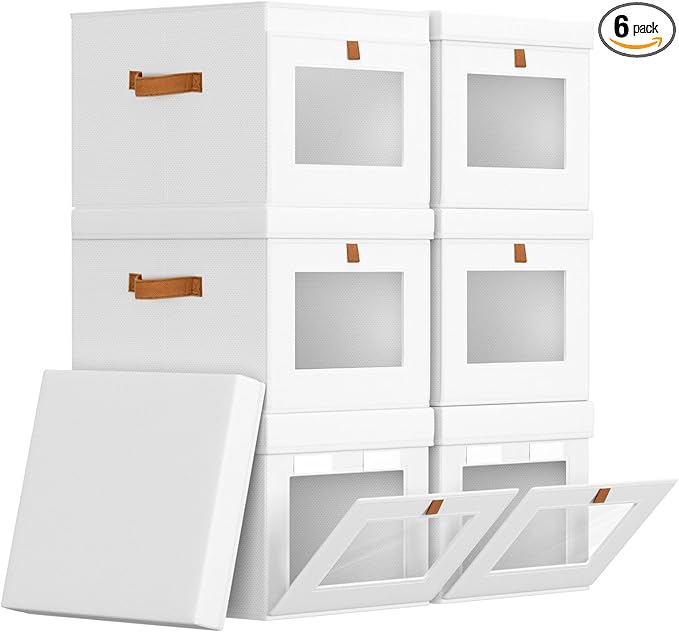 Storage Bins with Lid â Closet Organizer with Side Opening and Clear Window, Foldable Stackable Fabric Basket for Clothes, Home, Office - 13.77" x 11.8" x 9.8", 6 Pack, White