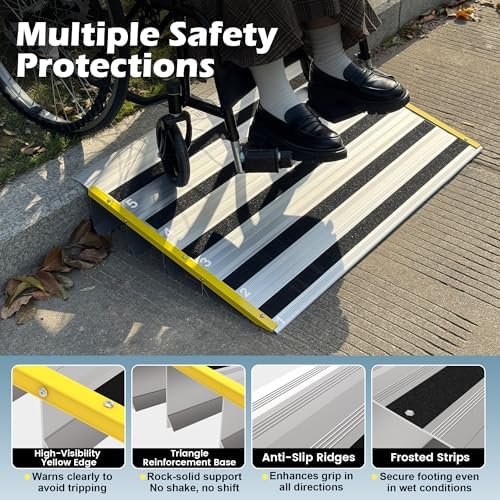 3" Rise Door Threshold Ramps for Doorways, Stable Yellow Edge, Aluminum Wheelchair Ramp for Home Steps, Adjustable Modular Entry Ramp for Scooters, Power Chairs, 880LBS Load Capacity