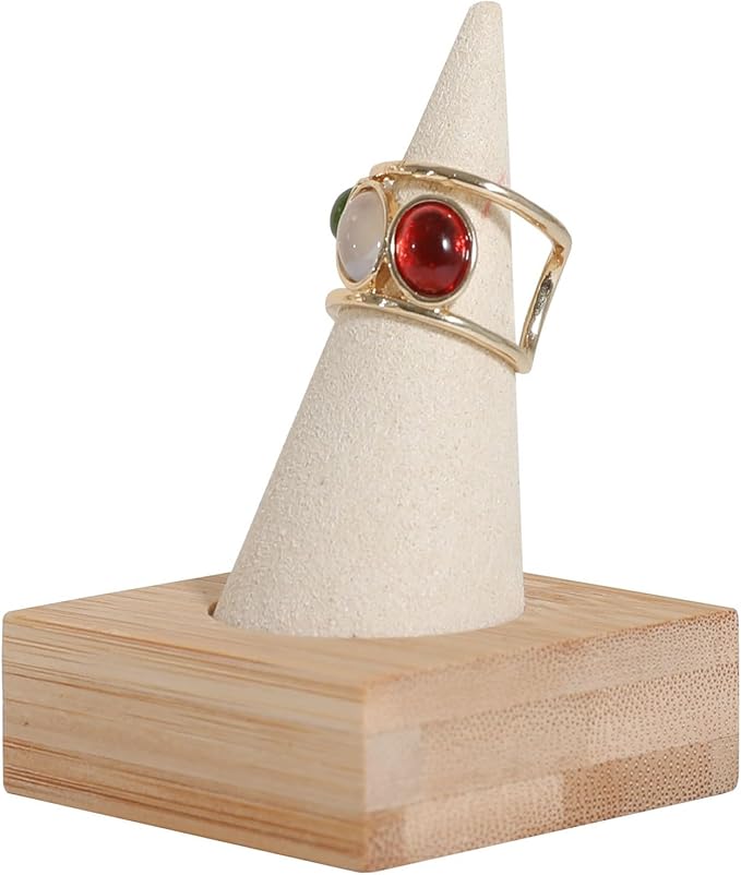 GemeShou Beige wood ring storage organizer, Velvet Jewelry ring display holder, Cute ring display stand for selling, wedding ring holder at nightstandãBeige with single coneã