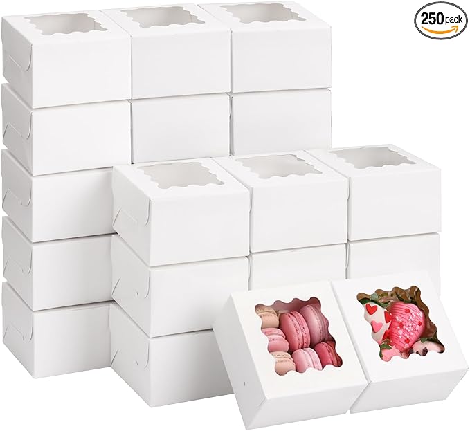 Moretoes 250pcs White Cookie Boxes with Window,4x4x2.5 Inch Small Bakery Boxes, for Small Cake, Treats, Donuts, Candy