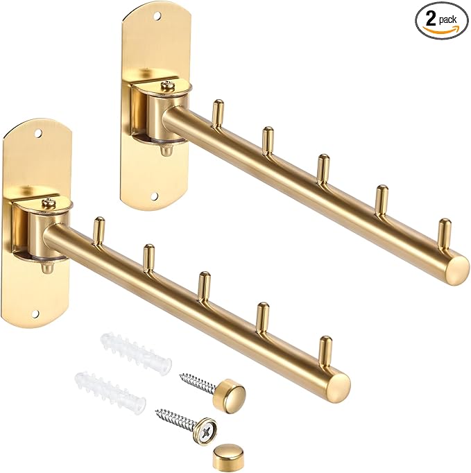 Sumnacon Clothes Rack, 2 Pcs Stainless Steel Clothes Hanger, Wall Mounted Clothes Hanging Organizer, Drying Rack with Swing Arm, Space Saving Hangers for Bathroom Laundry Room Closet, Gold