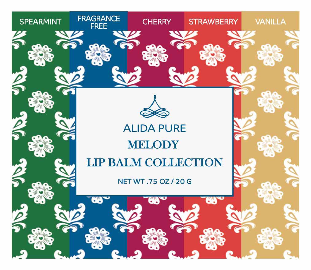 Melody Lip Balm Collection, Vegan Set, Beeswax Free, with Organic Jojoba and Avocado Oil, Vitamin E, Natural Moisturizer for Dry, Chapped Lips, 5 Tube Set
