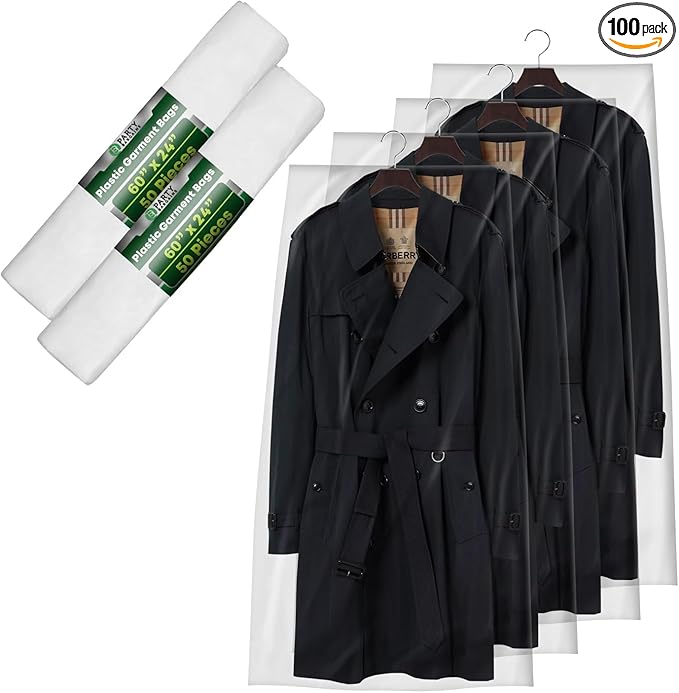 PARTY BARGAINS 60 x 24 Inch Disposable Clear Garment Bags, 100 Pack â Heavy-Duty Plastic Clothes Covers for Suits Dresses Coats, Closet & Travel