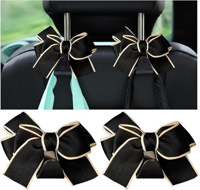 Mandark 2PCS Car Seat Headrest Hooks, Cute Bow Vehicle Hooks for Purses and Bags, Automotive Purse Hook Hanger Interior Decoration Accessories, Universal for SUV, Sedan, Truck (White Line)