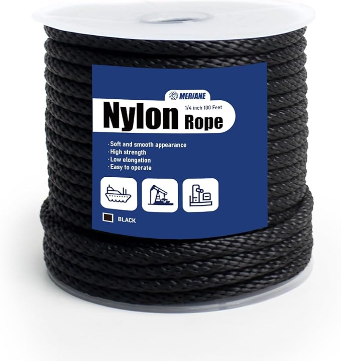 MERIANE Black Nylon Rope 1/4inch 100FT â Multipurpose Solid Braided Rope â Ideal Use for Camping, Clothesline, Marine, Flag Line â Abrasion & UV Resistant â Shock Absorption Rope for Indoor Outdoor