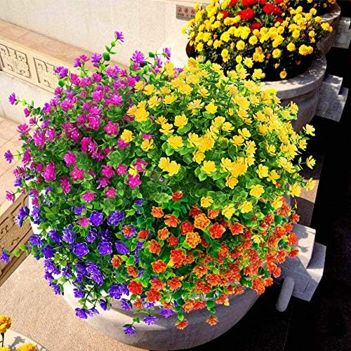 Artificial Flowers Fake Outdoor UV Resistant Boxwood Plants Shrubs 4 Pack, Faux Plastic Greenery for Indoor Outside Hanging Planter Home Office Wedding Farmhouse Decor (Yellow)