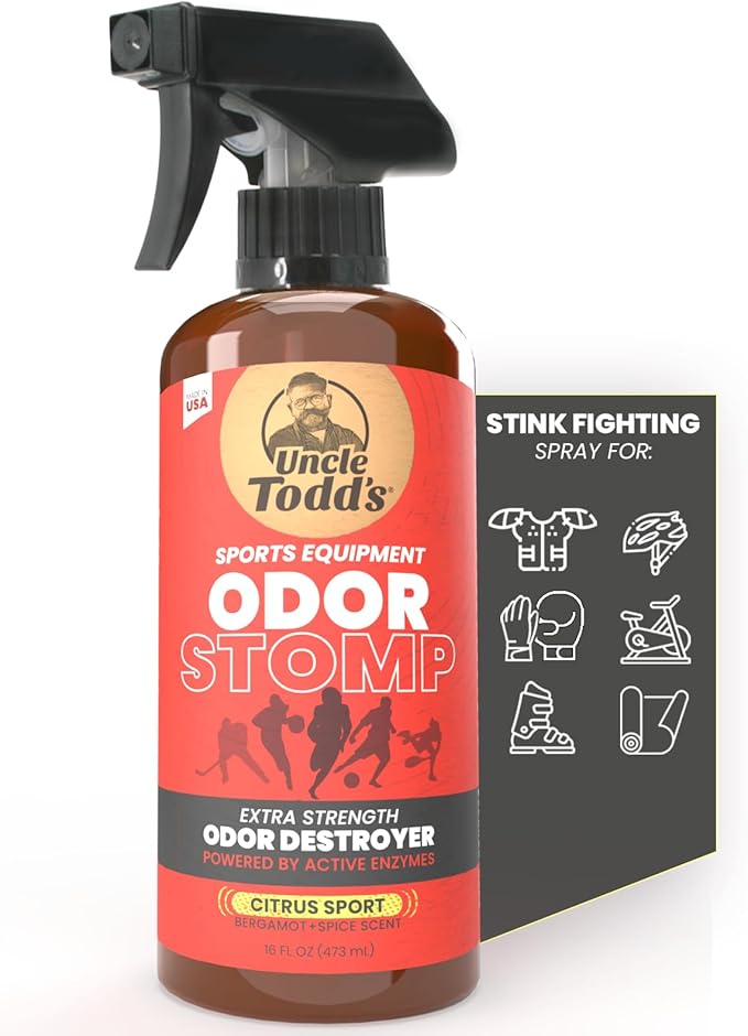 Uncle Toddâs Odor Stomp Sports Equipment Odor Eliminator Spray - Extra Strength Enzyme-Powered Deodorizer for Football, Hockey, Gym Bags, and Athletic Gear - Citrus Sport Scent - 16oz
