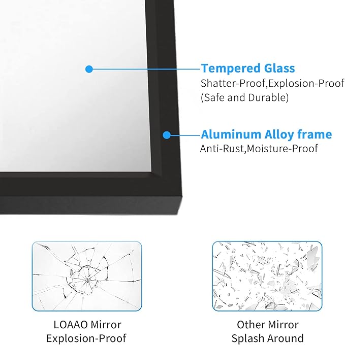 LOAAO 60"X30" Black Rectangle Bathroom Mirror Wall, Matte Black Aluminum Alloy Frame, Tempered Glass, Hangs Vertically or Horizontally, Easy to Install