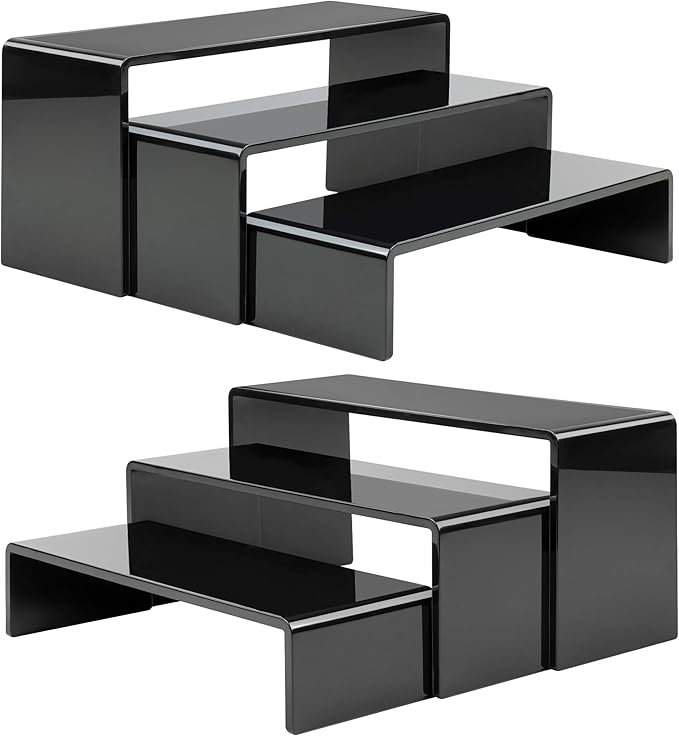 ANDGOO 6 Pcs Acrylic Display Risers, 2 Set(7.9âL, 8.3âL, 8.7âL) Rectangular Display Stands, Acrylic Display Shelves for Figures, Perfume Organizer, Cupcake Dessert Table Display Set, Black