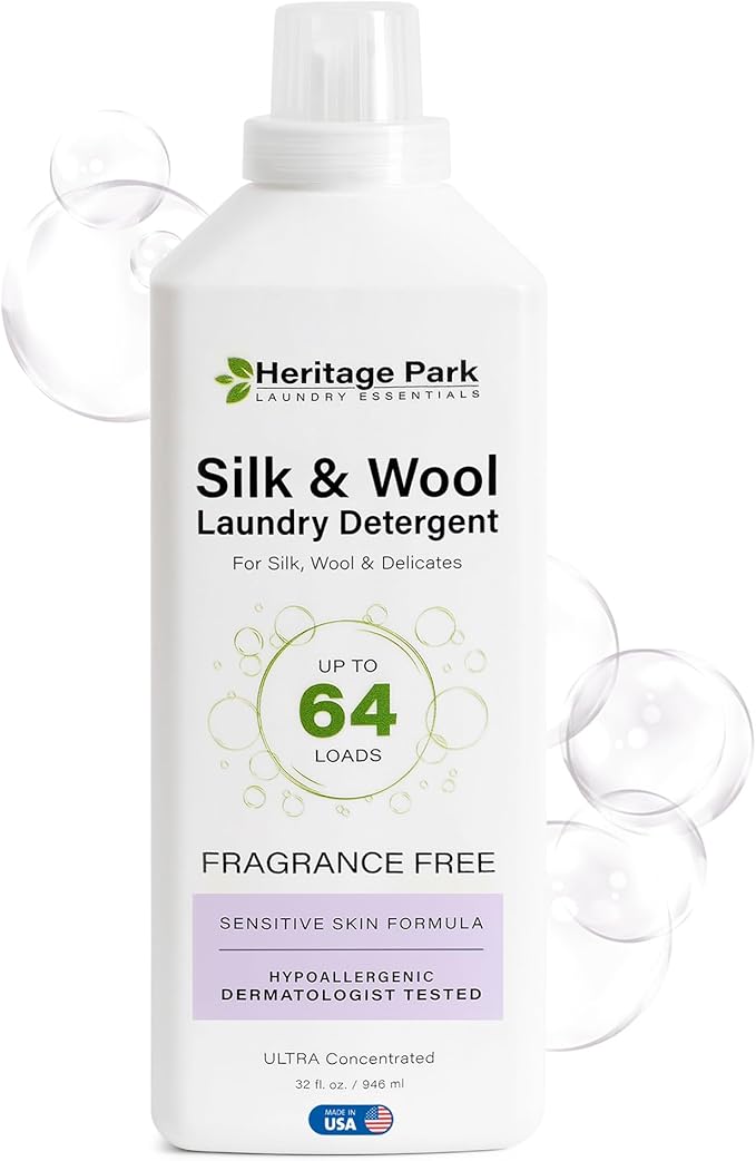 Heritage Park Silk & Wool Fragrance Free, Hypoallergenic, pH-Neutral Laundry Detergent â Dermatologist-tested, Sensitive Skin-Friendly, Enzyme-Free, Concentrated Up to 64 loads (32 fl oz)