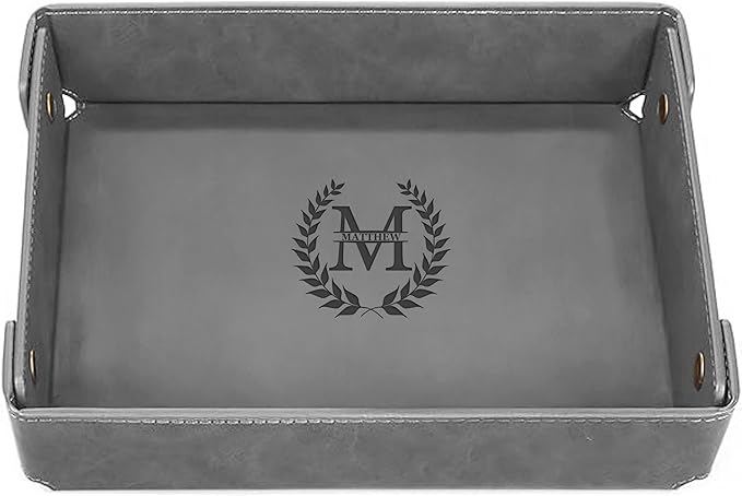 Engraved Leather Valet Tray for Men â Personalized Catchall with Custom Name for Desk, Dresser, Nightstand â Men's Organizer Tray for Keys, Wallet, Jewelry, Personalized Gift for Home, Office - Grey