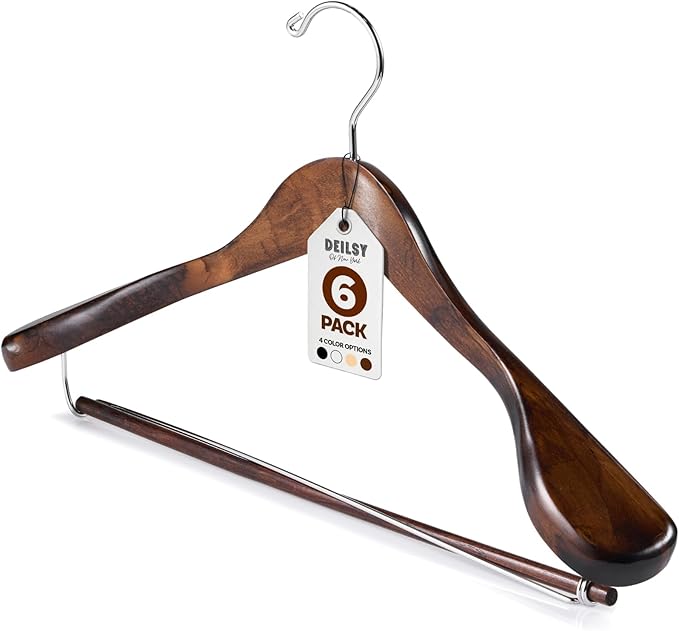 Wide Shoulder Wooden Suit Hangers with Non-Slip Pants Bar & 360° Swivel Hook - Smooth Finish Coat Hangers for Men and Women - Heavy Duty Clothes Hanger â Pack of 6