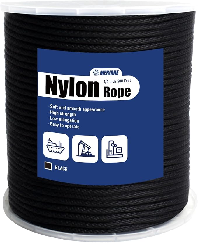 MERIANE Black Nylon Rope 1/4inch 500FT â Multipurpose Tightly Braided Rope â Abrasion & UV Resistant â Ideal Use for Camping, Clothesline, Marine, Flag Line - Solid Utility Rope for Indoor Outdoor