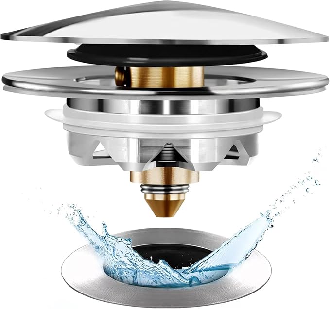 Bathtub Drain Stopper, Pop Up Tub Stopper and Cover, Bottom with Hair Catcher, Universal for 1.45 to 1.8 in Drain, Replaces Old Drain Plug, Chrome Silver
