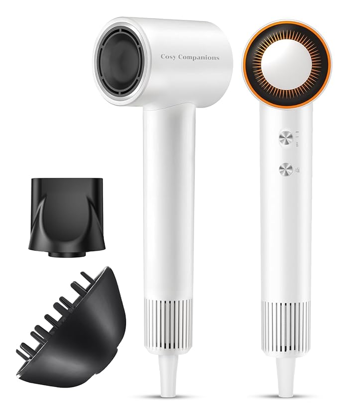 Cosy Companions Hair Dryer, 150000 RPM High-Speed Blow Dryer with 500Million Negative Ions for Fast Drying, Lightweight & Thermo-Control, Hair Dryer with Diffuser, Ideal for Salon & Travel, White